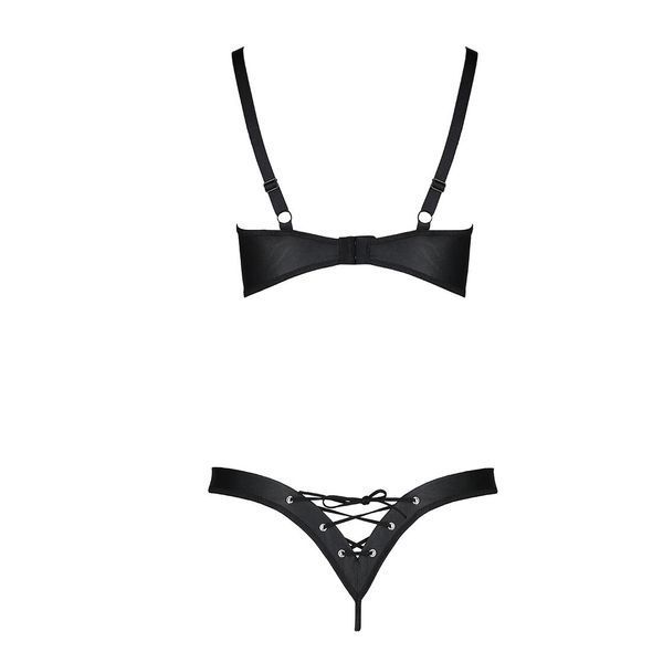 Комплект из экокожи Passion CELINE BIKINI L/XL, black, открытый бра с лентами, стринги со шнуровкой SO6400 фото