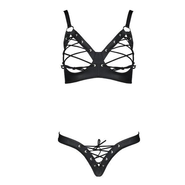 Комплект из экокожи Passion CELINE BIKINI L/XL, black, открытый бра с лентами, стринги со шнуровкой SO6400 фото