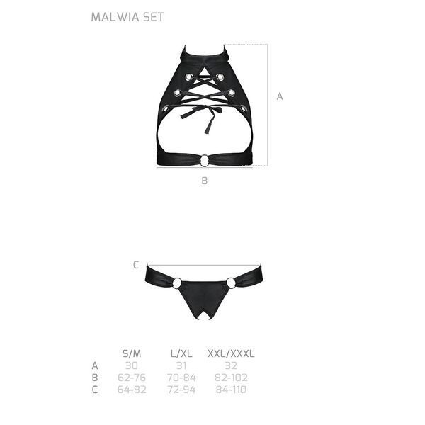 Комплект, відкритий топ та трусики з екошкіри з люверсами Passion MALWIA SET with Open Bra S/M black SO5769 фото