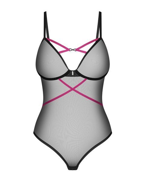 Боді Obsessive Novenes teddy, XS/S, прозоре, чашки на кісточках, декор у вигляді стрічок SX0610 фото