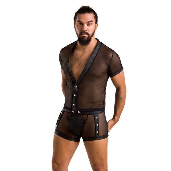 Комплект сетчатого мужского белья Passion 052 SET MICHAEL L/XL black, рубашка, боксеры, заклепки SO7624 фото
