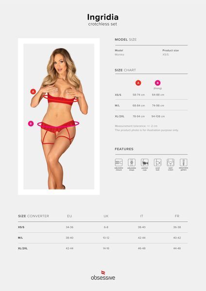 Комплект Obsessive Ingridia 2-pcs crotchless set XS/S, красный, с доступом, открытая грудь SO9031 фото