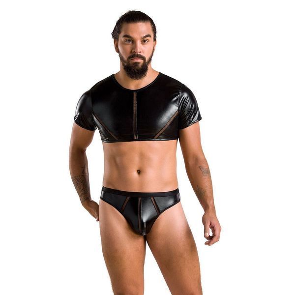 Комплект мужского белья под латекс Passion 057 SET PETER L/XL Black, кроп-топ, стринги SO7633 фото