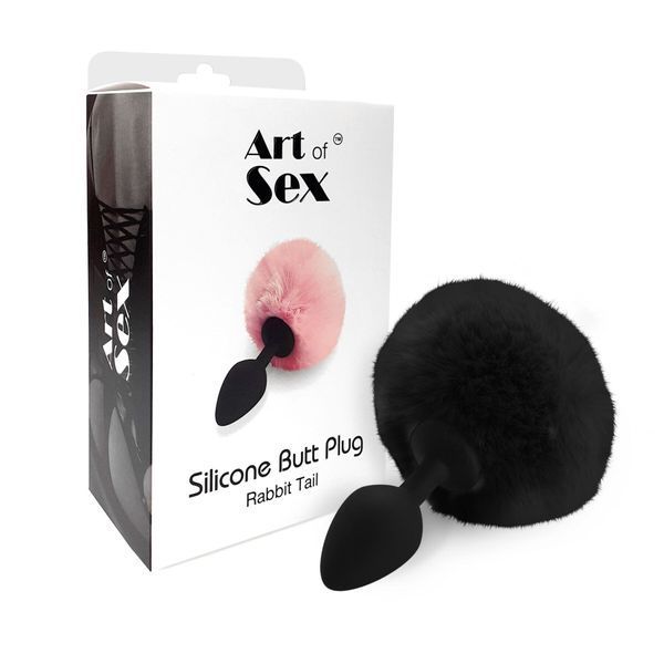 Силіконова анальна пробка М Art of Sex - Silicone Butt plug Rabbit Tail Black, діаметр 3,5 см SO6694 фото