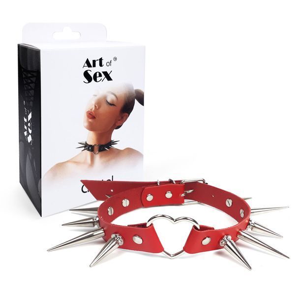 Чокер сердце с большими шипами, из натуральной кожи Art of Sex - Crystal, цвет Красный SO7012 фото