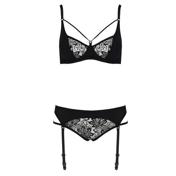 Комплект белья Passion PAULINE SET S/M, black, стрэпы, лиф, стринги и пояс для чулок EL15805 фото