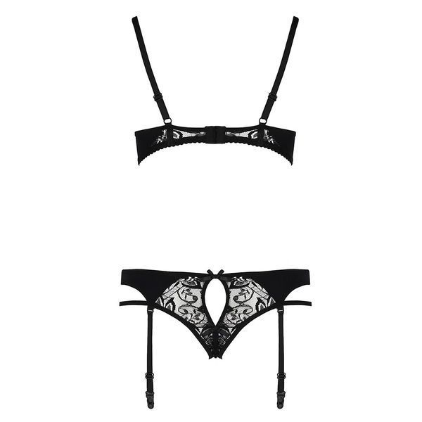 Комплект белья Passion PAULINE SET S/M, black, стрэпы, лиф, стринги и пояс для чулок EL15805 фото