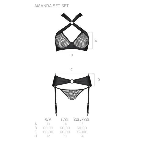 Сетчатый набор, бюстгальтер с халтером, трусики и пояс для чулок AMANDA SET S/M, black SO5322 фото